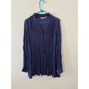 Soft Surroundings Womens Roxana Crinkle Button Down Top 3X Blue Textured Blouse